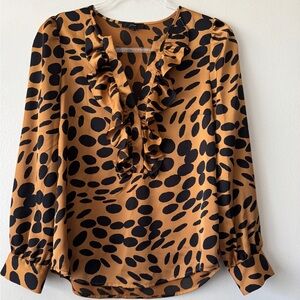 J. Crew Brown and Tan Ruffled Blouse with Bib Collar